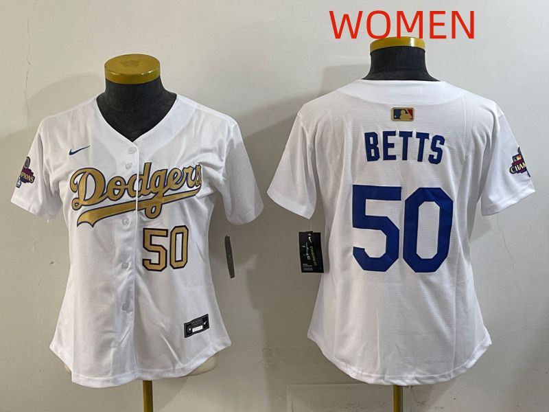 Women Los Angeles Dodgers 50 Betts White Champion edition Nike MLB Jersey style 004